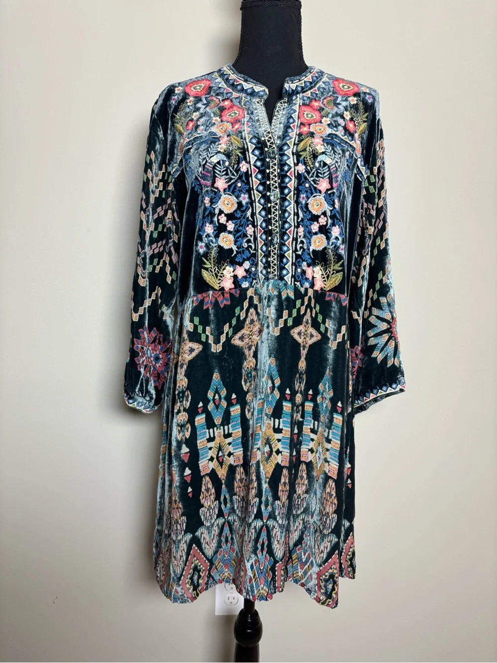 Johnny Was Laurielie Teal Velvet Dress - Picture 1 of 8